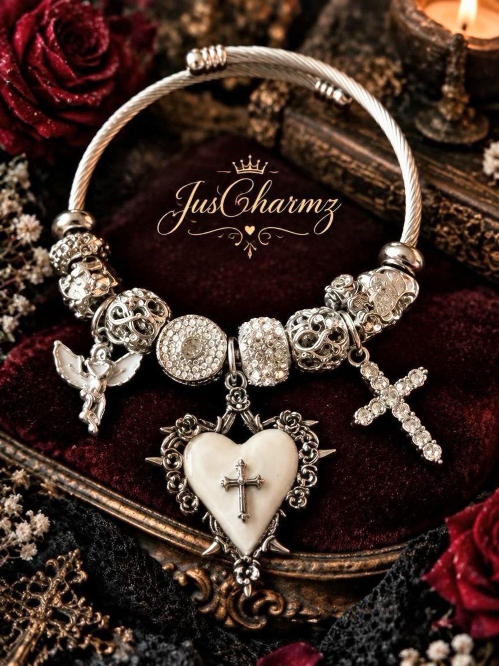 Romantic Whimsigoth Sacred Heart & Cross Charm Bracelet - Picture 2 of 2